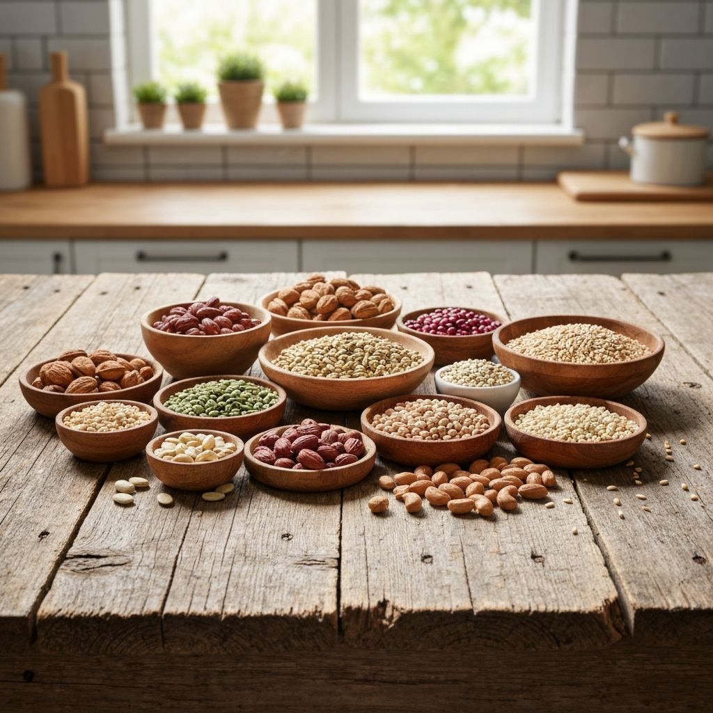 Protein-rich whole foods arranged on wooden surface